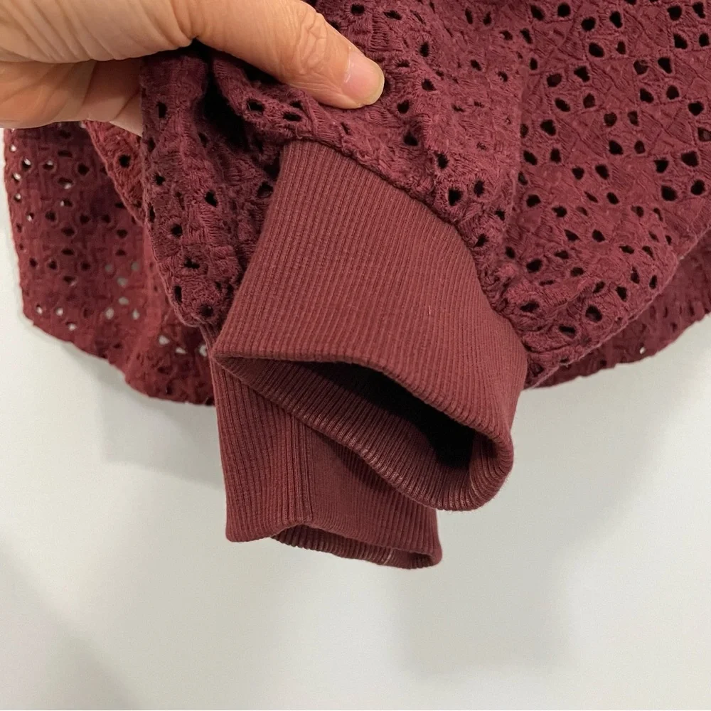 Anthropologie Plum Wine Eyelet Lace Puffy Sleeves Oversized Top Size S